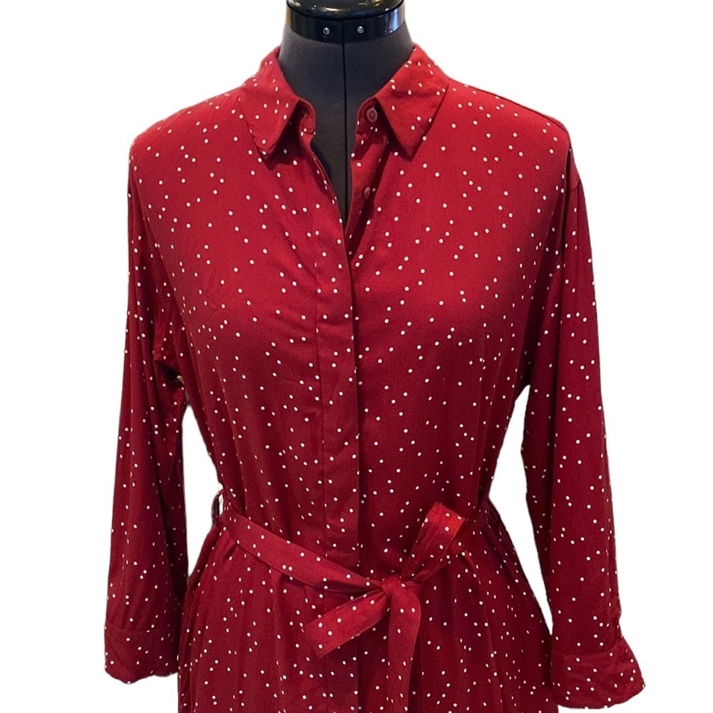 Uniqlo RED/White Polka Dots Long Sleeve Dress Buttons Down Belts attached Sz XS - Picture 8 of 16